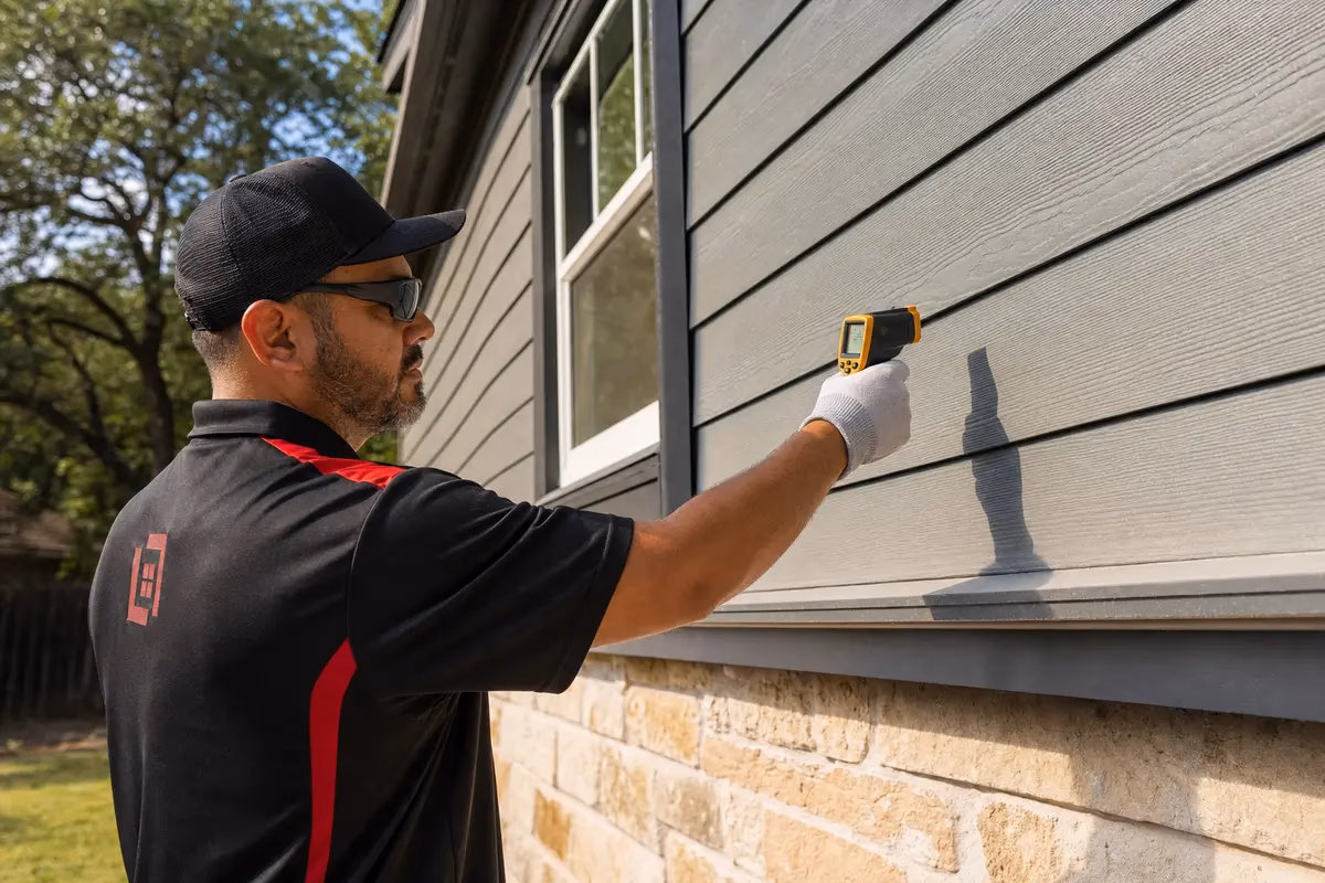 Contractor checking exterior wall surface temperature with an infrared thermometer
