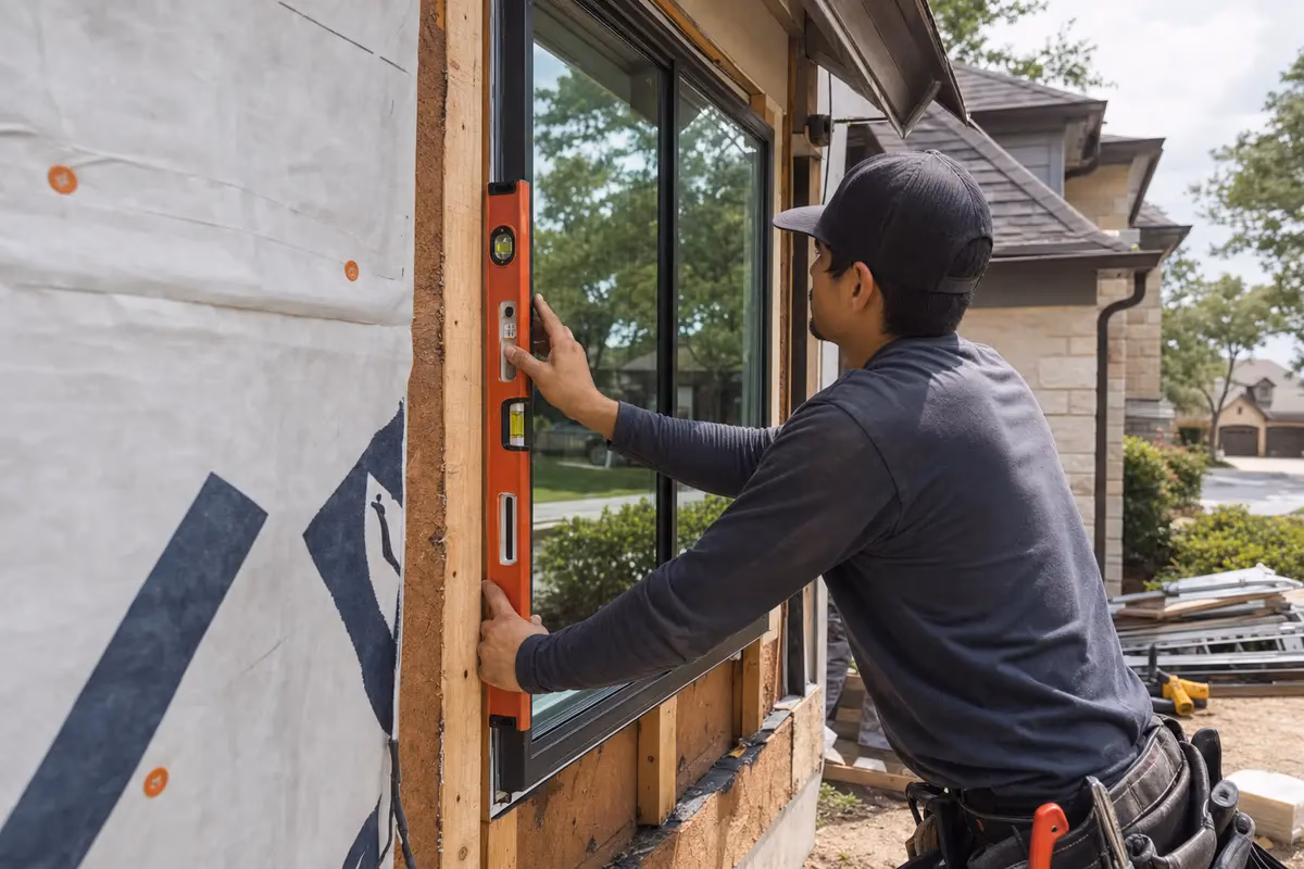 Contractor installing a window, checking the frame is level and square in a wall opening.