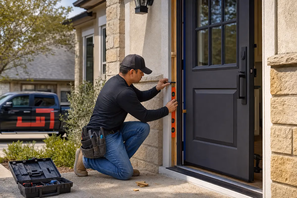 Contractor installing a new fiberglass entry door with level and shims for improved curb appeal