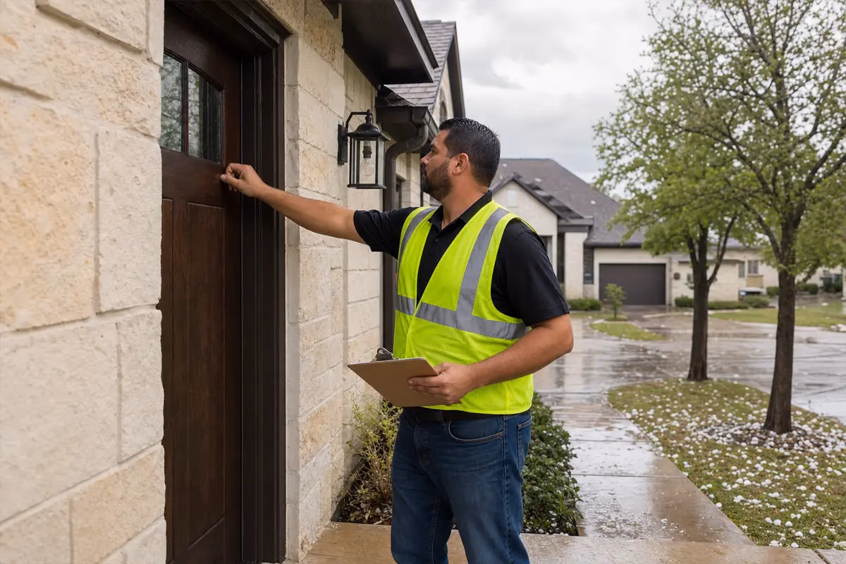 Contractor with clipboard knocking on a homeowner’s door in an Austin suburb after a hailstorm