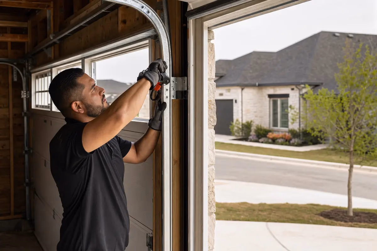 Professional contractor setting garage door tracks during installation