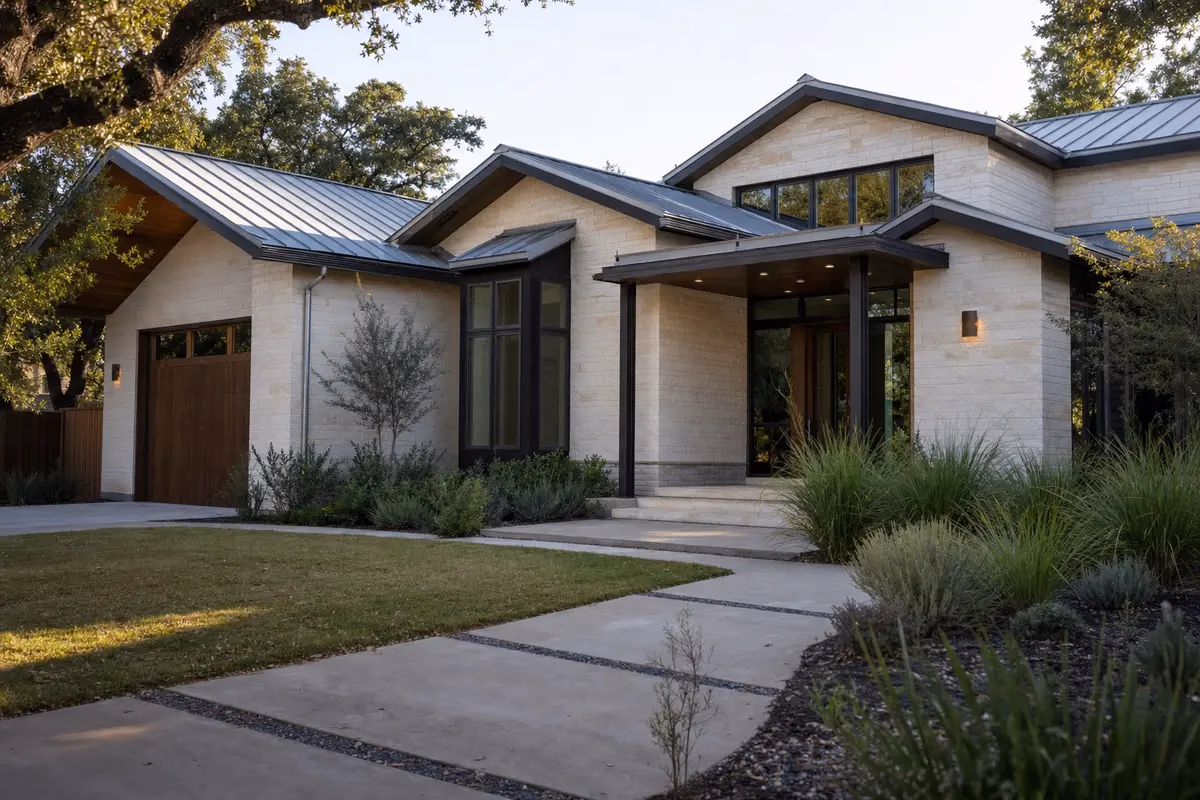 Modern home with standing seam metal roof in a sunny residential neighborhood