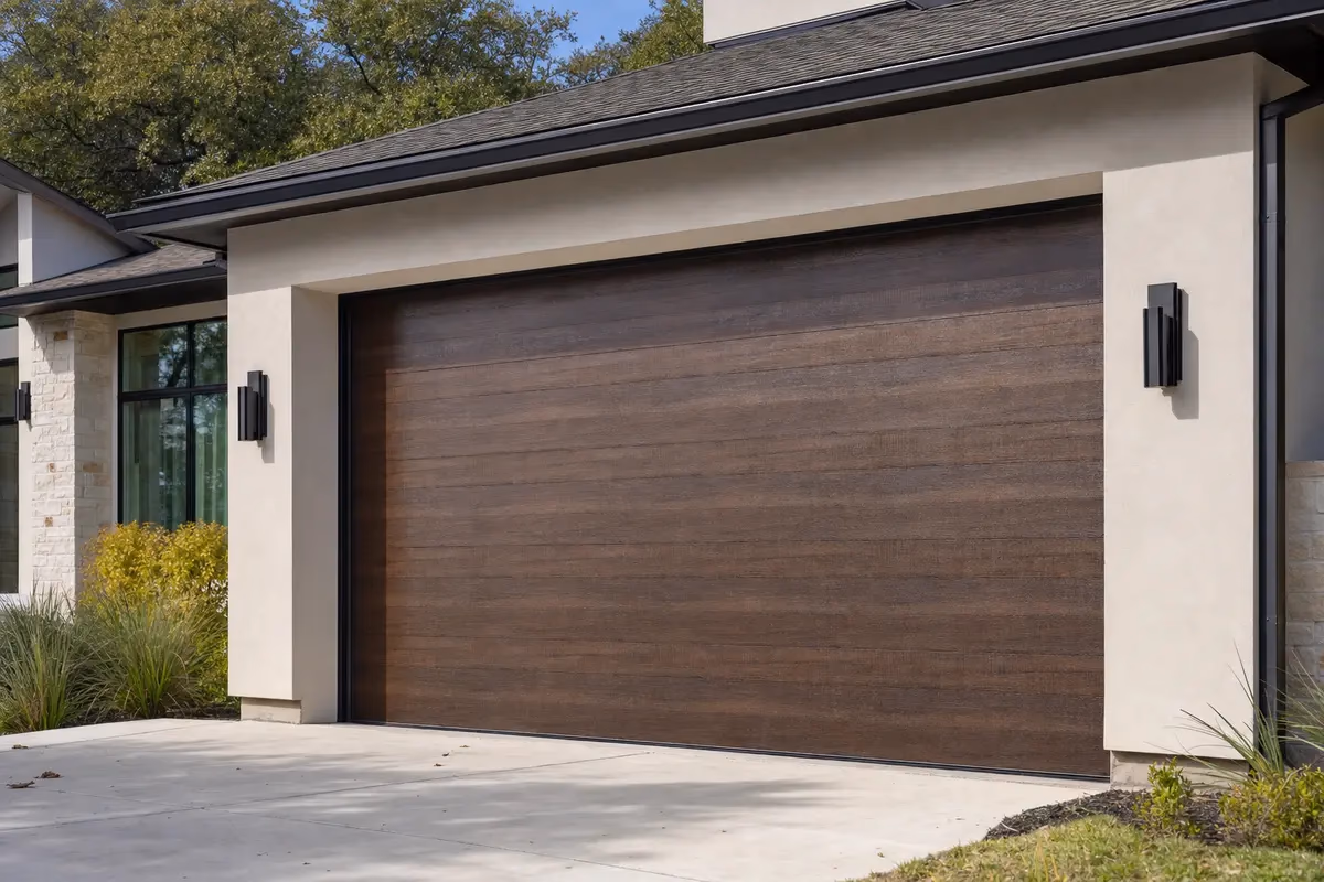 Modern flat-panel garage door on a contemporary home exterior