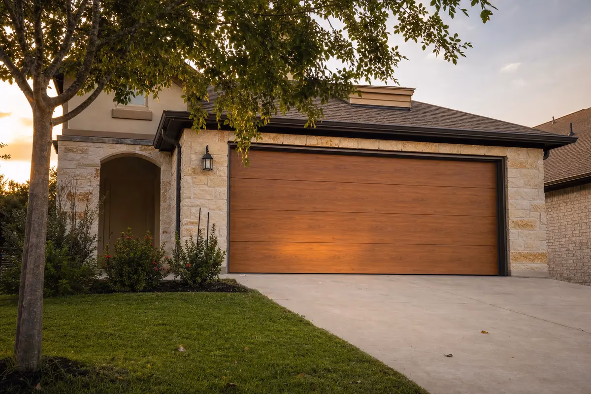 Faux-wood steel garage door with warm wood grain finish on a residential home