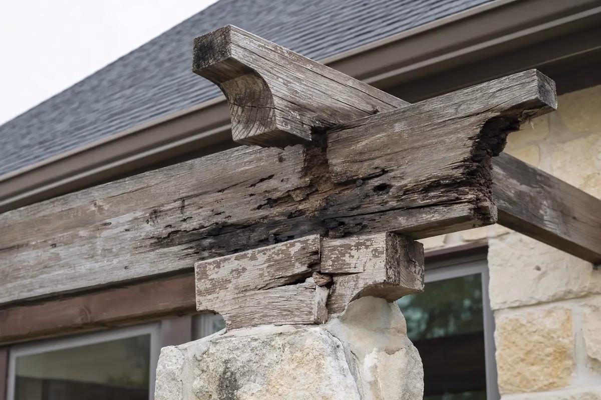 Close-up of moisture damage and rot at a wood pergola beam joint