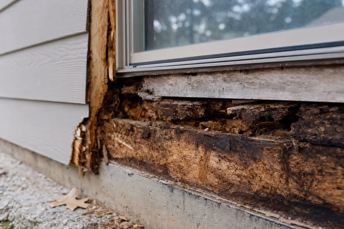Rotted sheathing and OSB exposed beneath old siding at a window sill