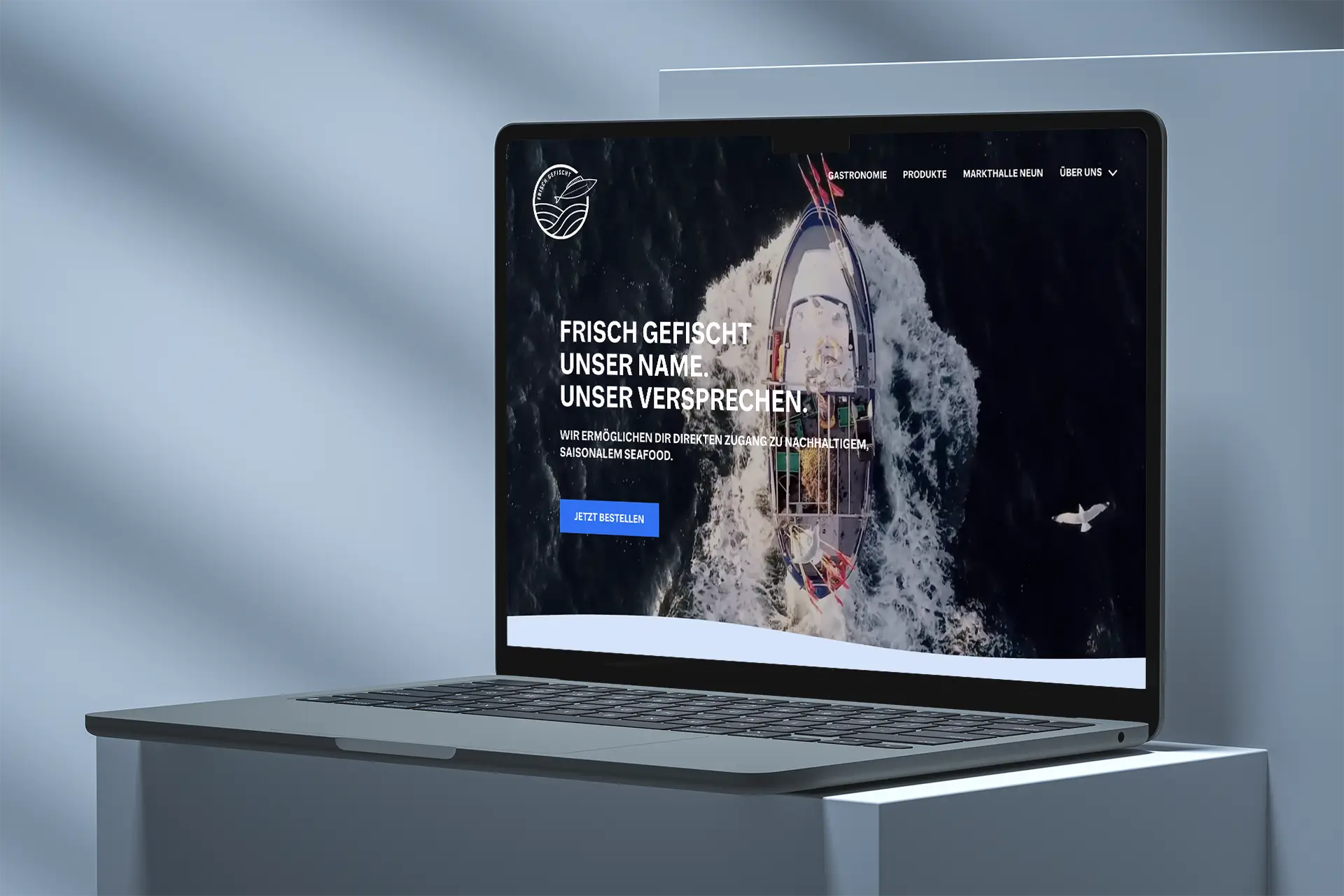 Ein Laptopbildschirm auf dem man die Website vom Startup Frisch Gefischt sieht.