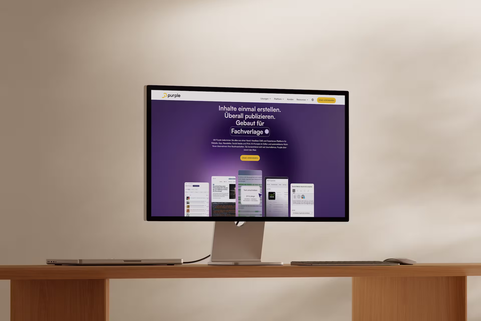 Modernes Brand Design, Webdesign und Webflow Development für Purple – eine SaaS-Plattform für Verlage mit klarer Markenstrategie, zweisprachiger Website, UX-Konzept und individuellen Feature-Visuals.