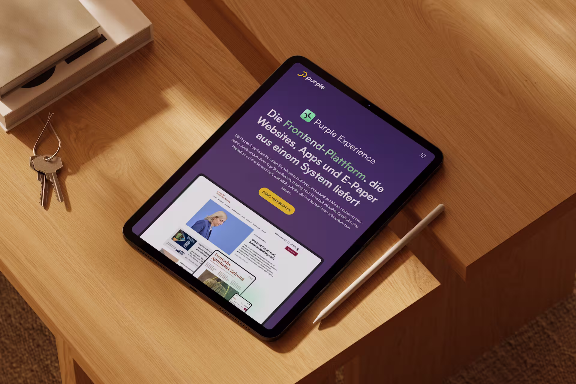 Modernes Brand Design, Webdesign und Webflow Development für Purple – eine SaaS-Plattform für Verlage mit klarer Markenstrategie, zweisprachiger Website, UX-Konzept und individuellen Feature-Visuals.