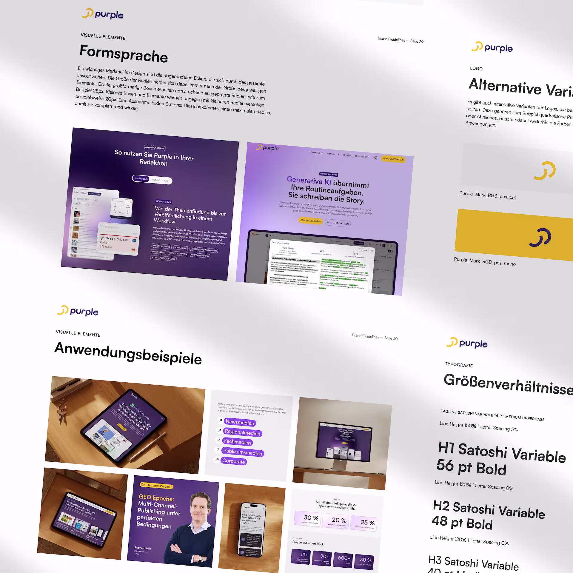 Modernes Brand Design, Webdesign und Webflow Development für Purple – eine SaaS-Plattform für Verlage mit klarer Markenstrategie, zweisprachiger Website, UX-Konzept und individuellen Feature-Visuals.
