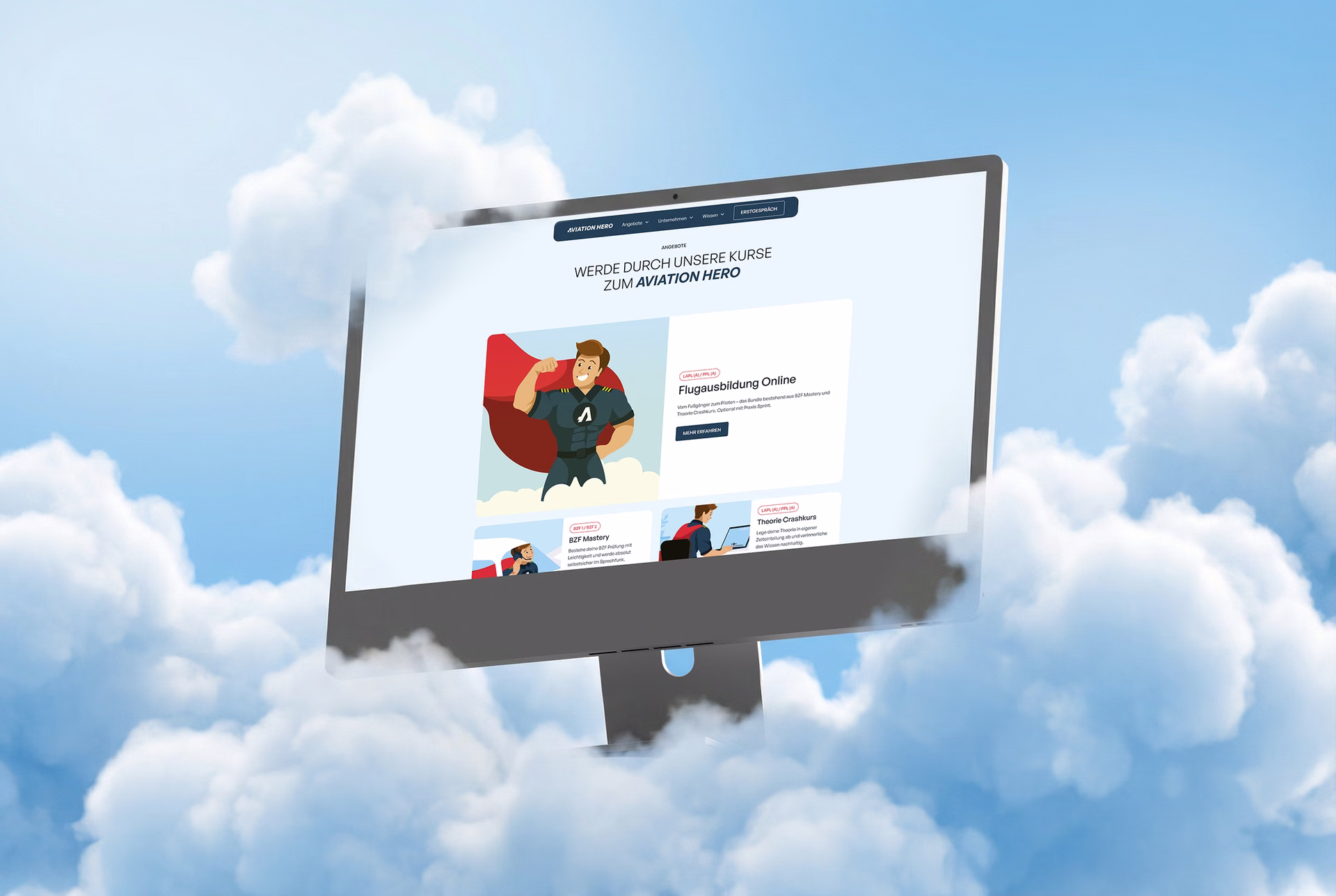 Premium Brand Design, Webdesign und Webflow Development für Aviation Hero – die erste digitale Flugschule Deutschlands mit einer gamifizierten Lernplattform für Privatpilot:innen.