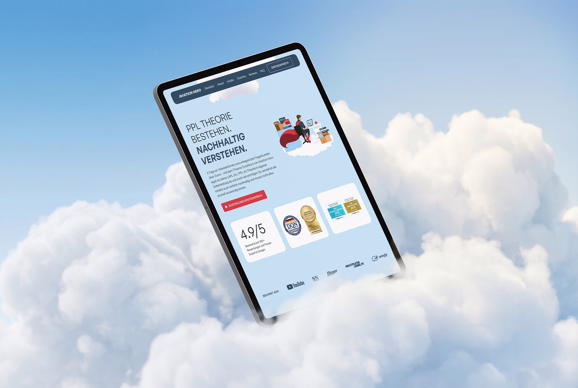 Premium Brand Design, Webdesign und Webflow Development für Aviation Hero – die erste digitale Flugschule Deutschlands mit einer gamifizierten Lernplattform für Privatpilot:innen.