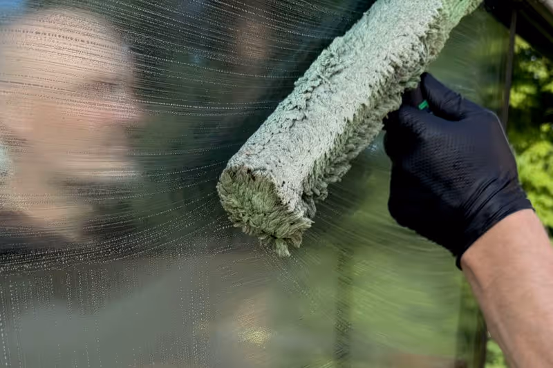 Ein Fensterputzer führt eine Fensterreinigung an einer Glasfassade durch. Lieven Services ist eine Gebäudereinigung in Köln, Bonn und Umgebung.