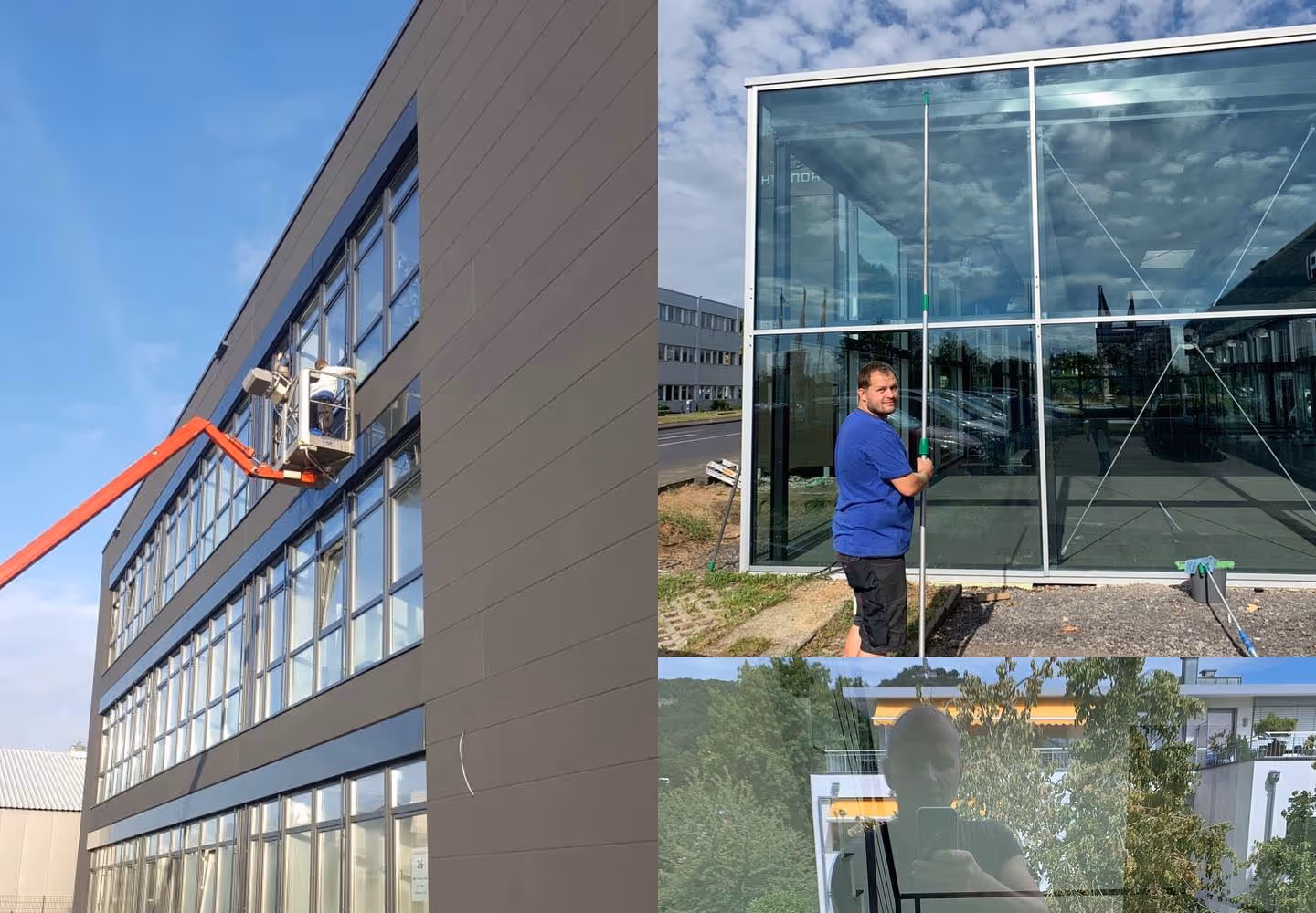 Reinigung einer Glasfassade, Autohaus, Verwaltungsgebäude. Reinigungsunternehmen Lieven Services.