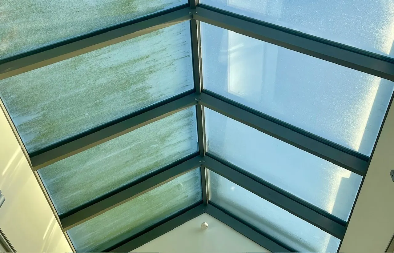 Fensterreinigung als Grundreinigung von einem Glasdach das stark verschmutzt ist. Grundreinigung Lieven Services.