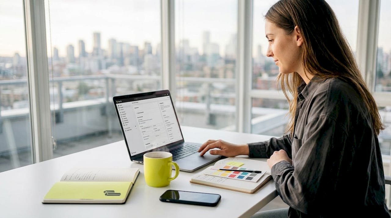 Shopify theme editor open on laptop in office
