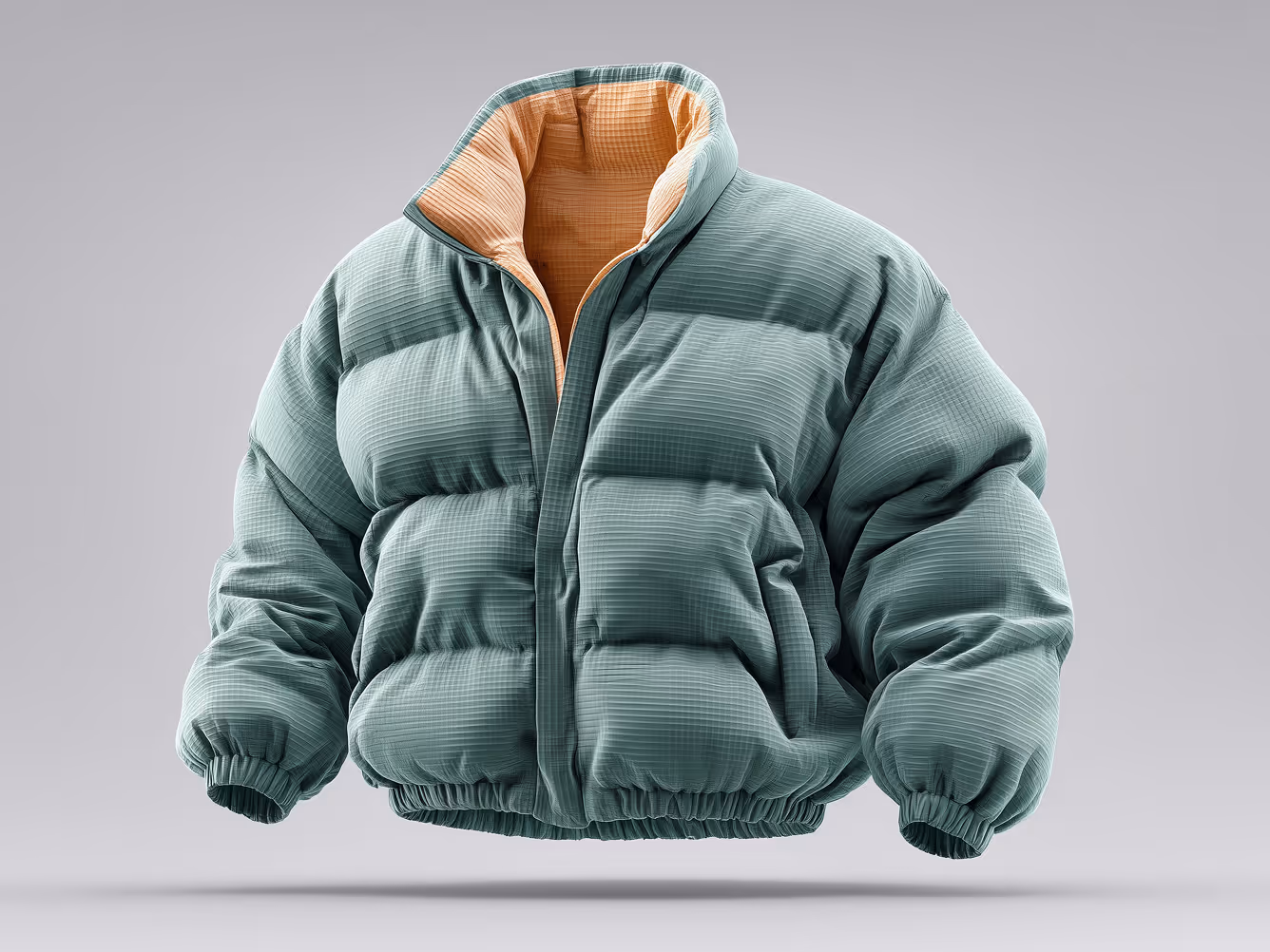 Green puffer jacket floating against a light gray background.