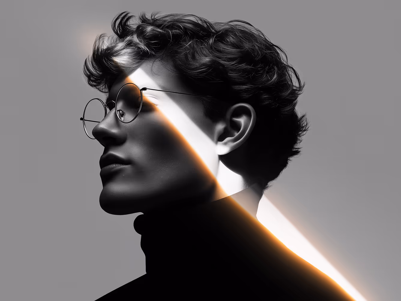 Artistic portrait of a man wearing glasses, illuminated by a diagonal streak of light against a gray background.