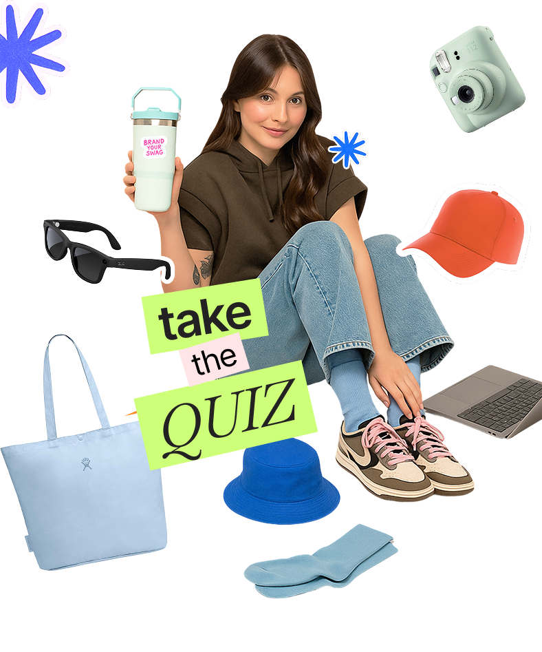 Young woman sitting cross-legged wearing casual clothes, holding a teal travel tumbler labeled 'Brand Your Swag' surrounded by accessories including a light blue tote bag, blue bucket hat, light blue socks, orange baseball cap, black sunglasses, instant camera, and laptop with text 'take the QUIZ'.