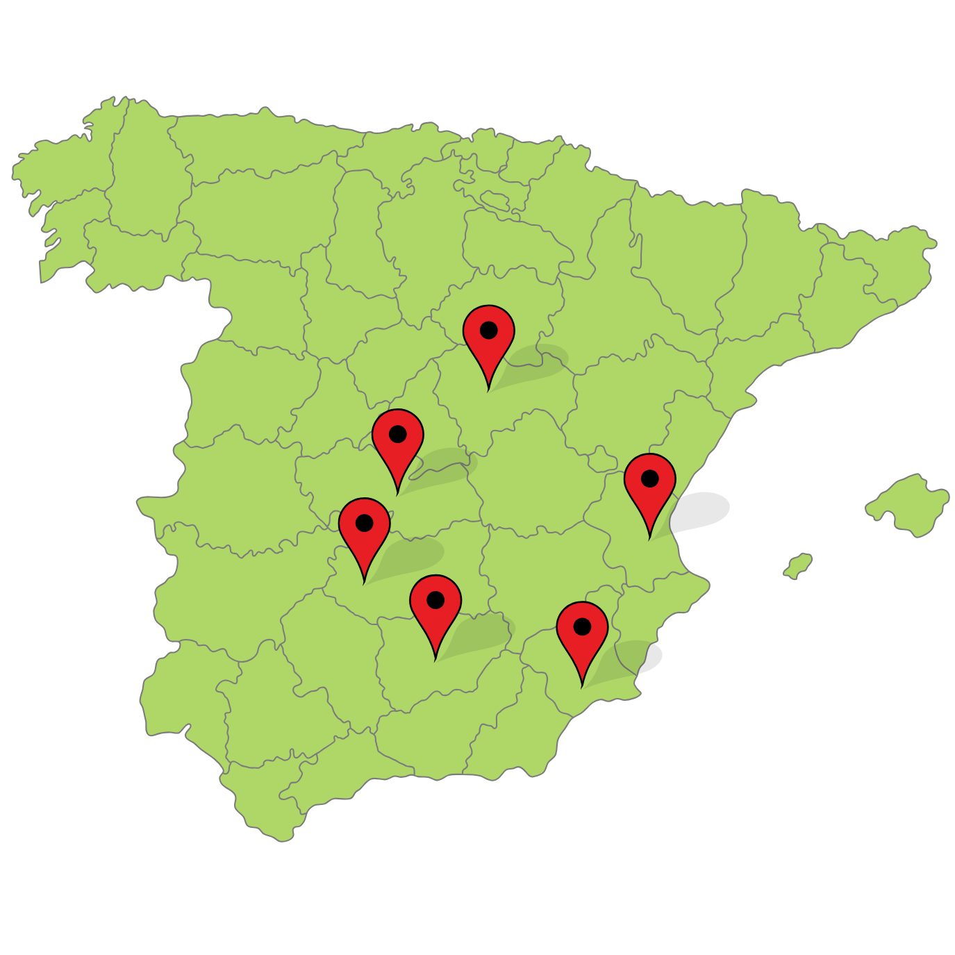 Mapa de España con las provincias de Toledo, Guadalajara, Jaén y Valencia seleccionadas