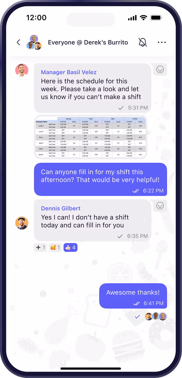 Breakroom mobile app screenshot showing shift scheduling and team messaging interface