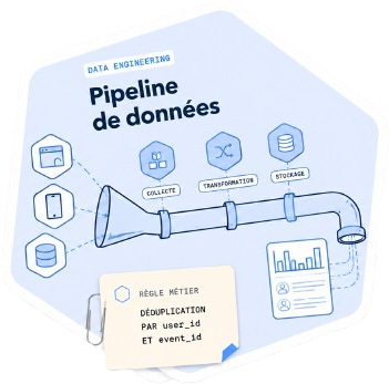 Schéma d'un pipeline de données : collecte, transformation, stockage