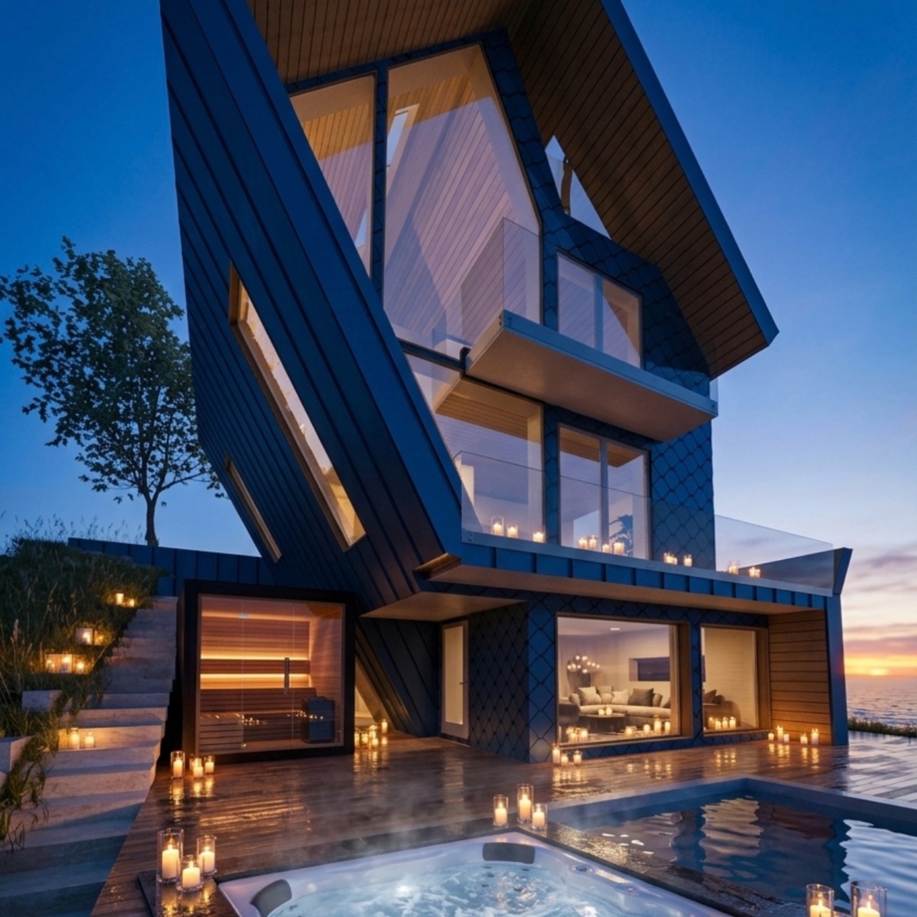 Wellness-Villa Mosel in der blauen Stunde: Terrasse mit Whirlpool und Pool, warmes Licht im Haus.
