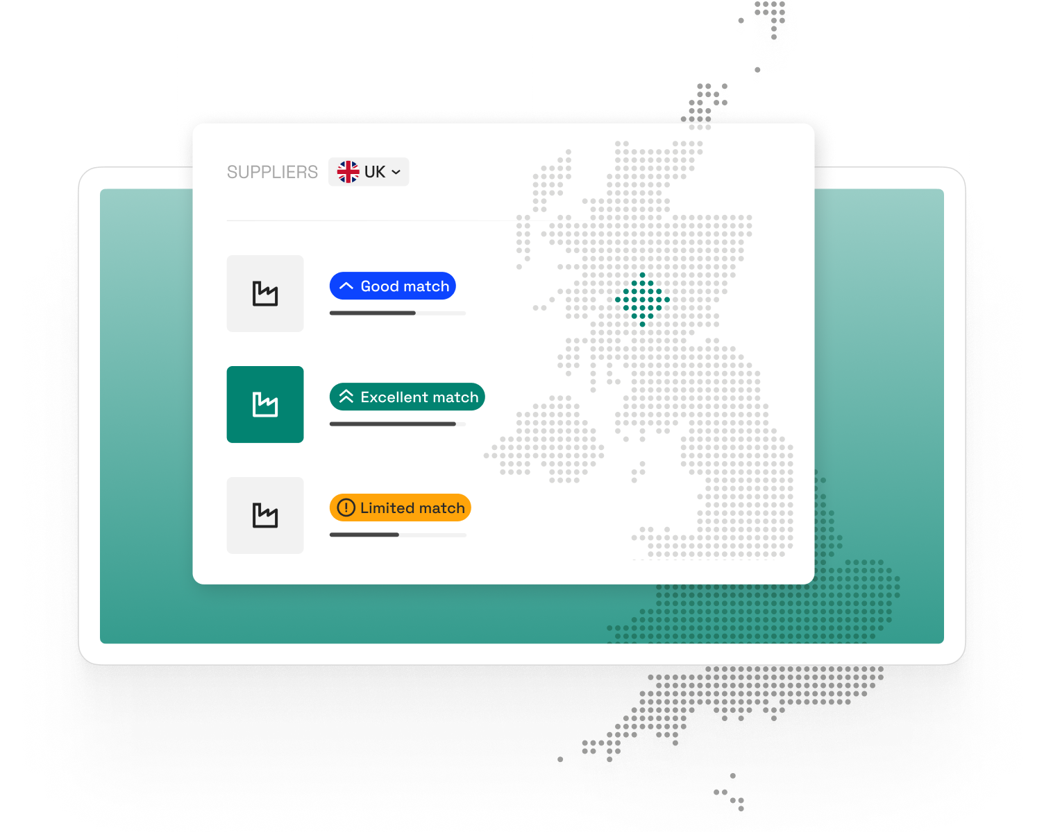 Map showing suppliers locations with match scores