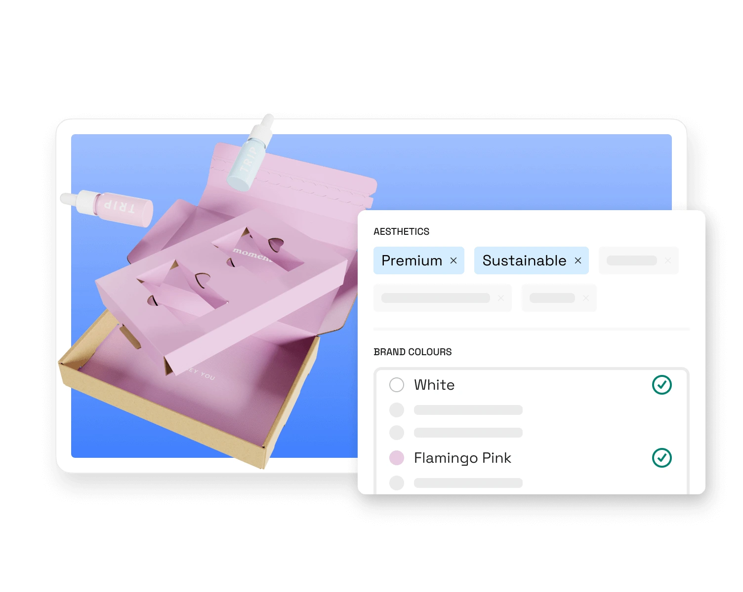 Trip mailer box with aesthetics modal showing brand colours