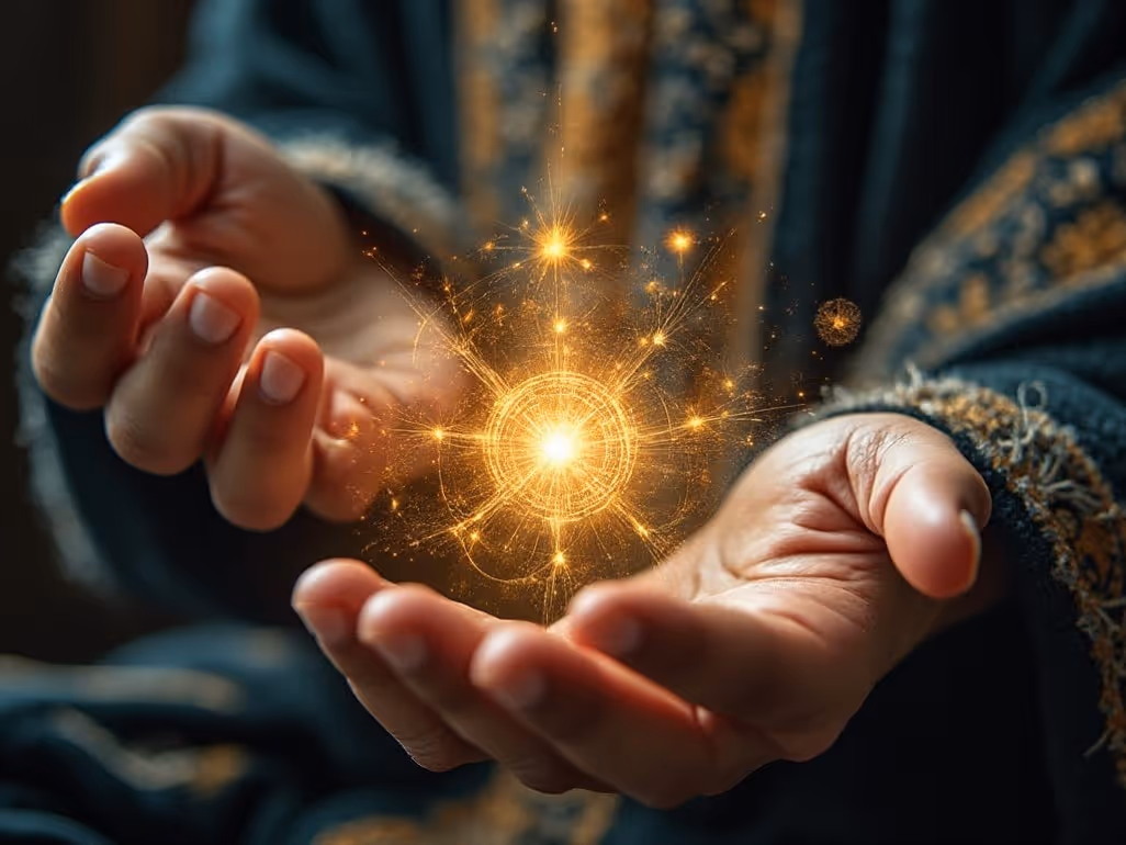 A yogi's hands in mudra and energy glows in the palms.
