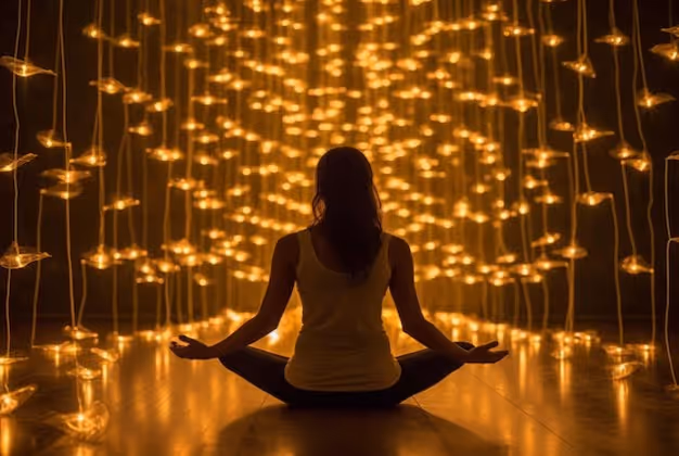 A woman practicing yoga in a corridor of light and beauty