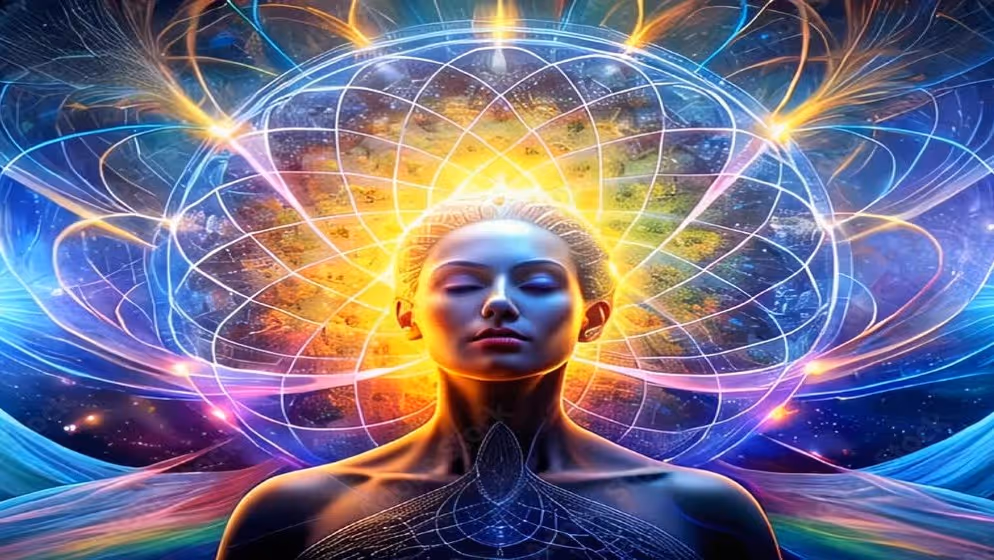 A yogi woman is concentrating and meditating, her brain and mind are shining.