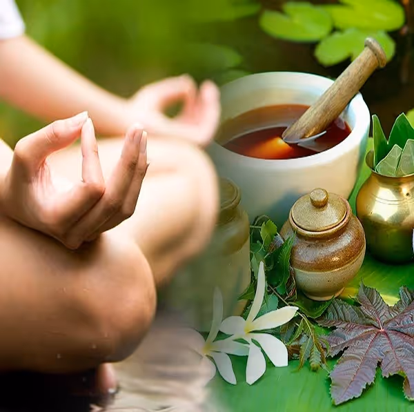 Yogi's hands, sitting in lotus position, and Ayurvedic utensils