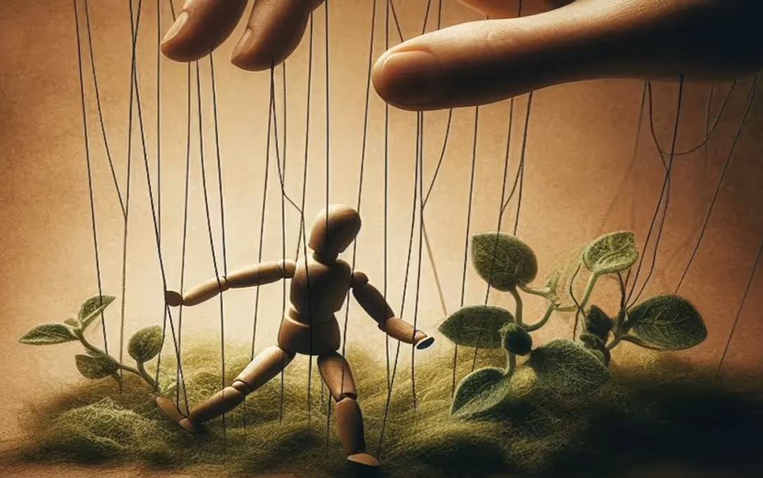 Puppet with hand control and strings hanging next to green leaves