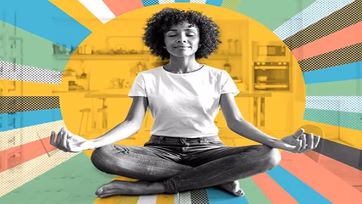 Curly-haired yogi woman meditating in an image with a colorful background