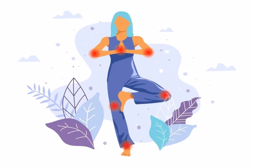 Image of a yogi standing among fantasy leaves, her joints marked with red circles