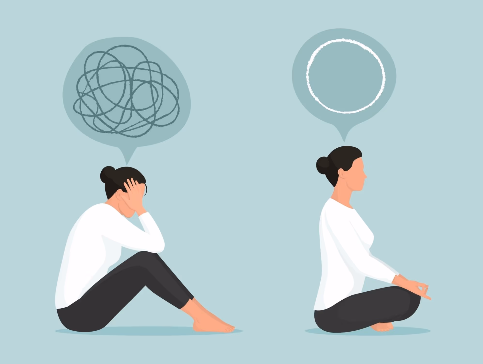 Two animations of a female yogi, the first with a confused and chaotic mind above her head, and the second one, orderly and calm, meditating.