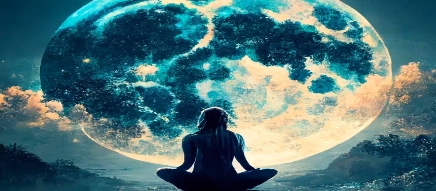 Yogi lady sitting in front of the full moon in lotus position
