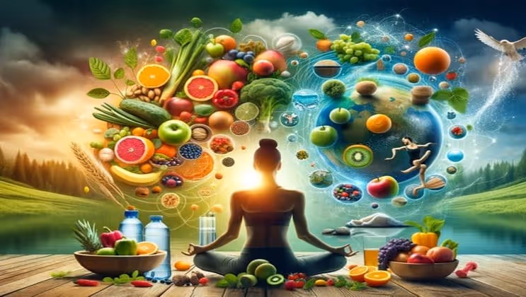 A yogi woman sits in the lotus position, with food, fruits, and vegetables around her, and a light shining in front of her.