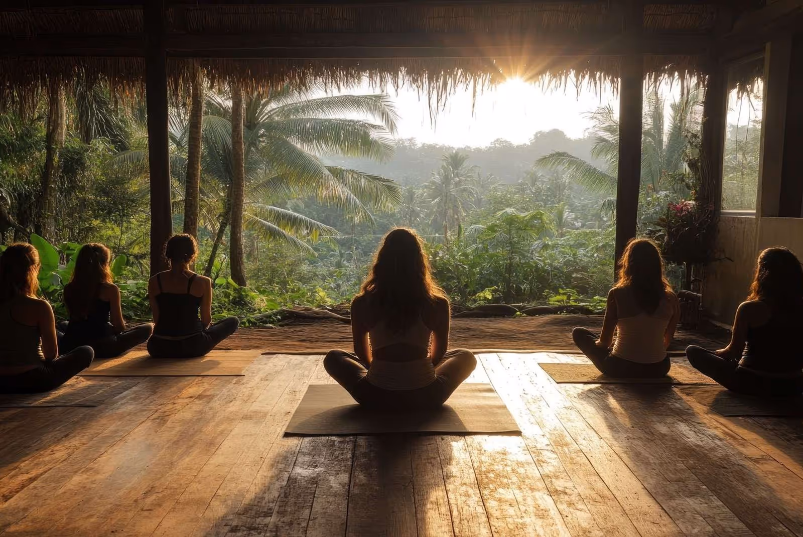 Several yogi women sitting in the lotus position facing the mountains and the sun.