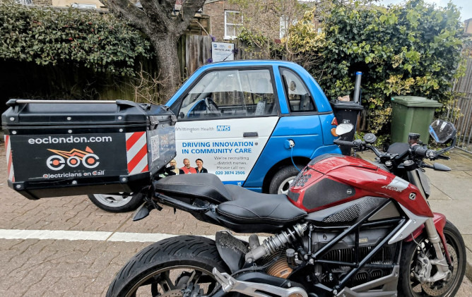 Electricians On Call Zero SR/F electric motorbike at Whittington Health NHS site in London