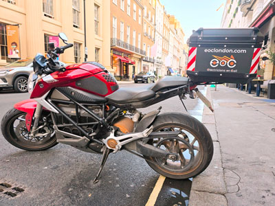 Electricians On Call Zero SR/F electric motorcycle on the road in London