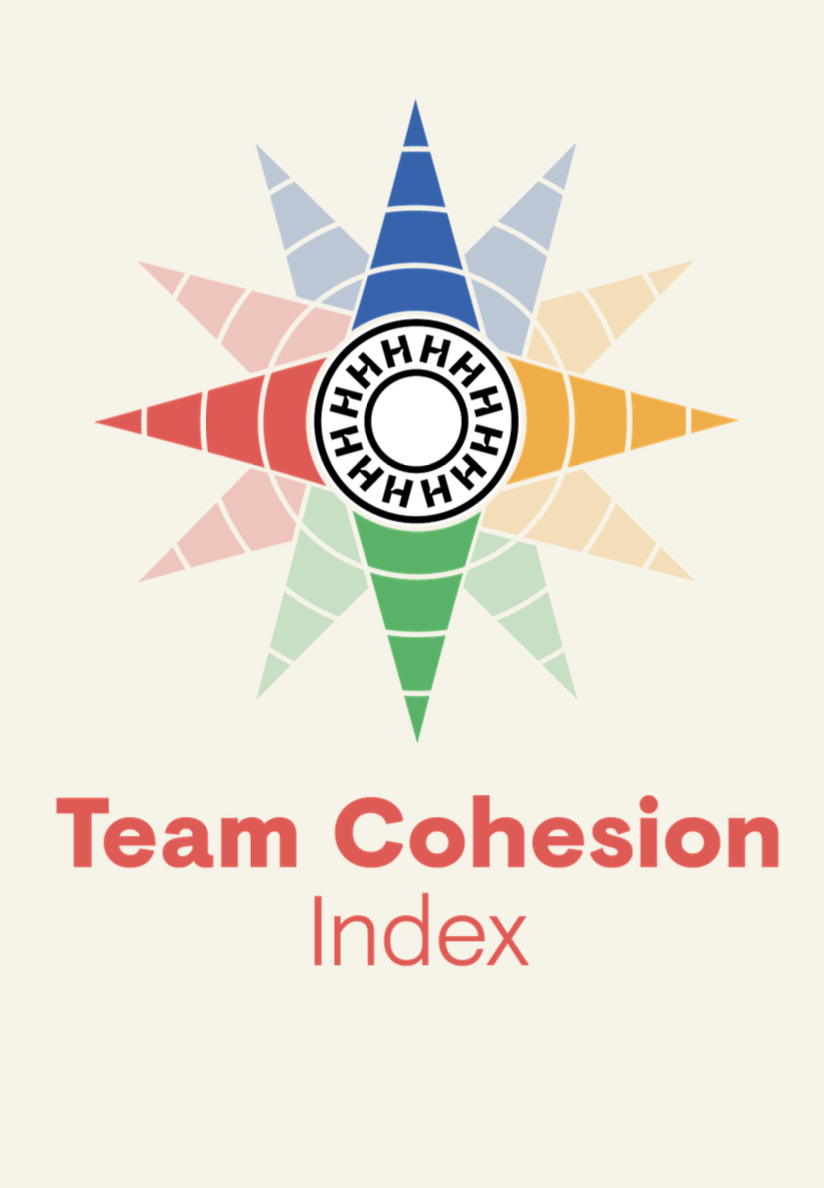 Colorful starburst graphic with a ring of eight H letters in the center above bold red text reading Team Cohesion Index.