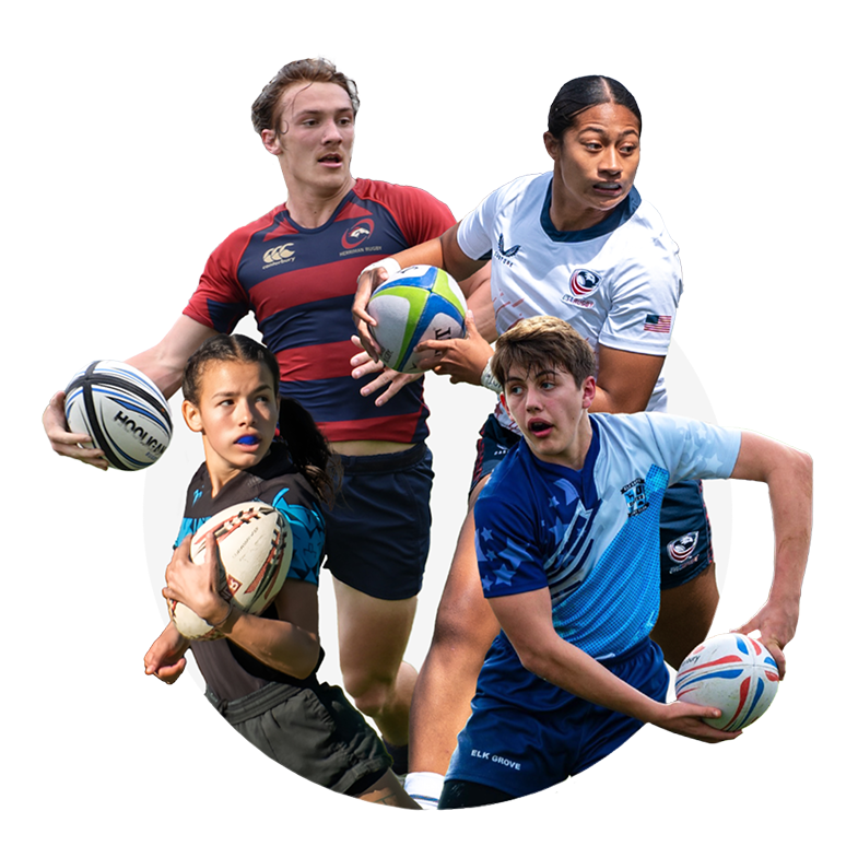 Four young rugby players in action holding rugby balls, wearing different team jerseys.