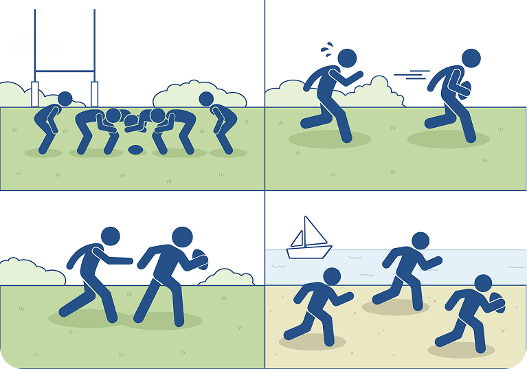 Four-panel illustration showing rugby players in action: setting up a scrum, running in a sprint, one player holding the ball chased by another, and three players running on a beach near a boat.
