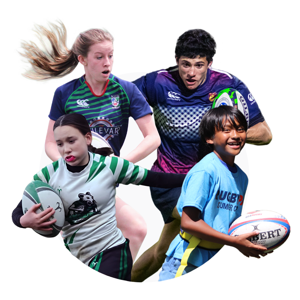 Four children playing rugby, two holding rugby balls and wearing sports jerseys, one smiling in a light blue rugby summer camp shirt.