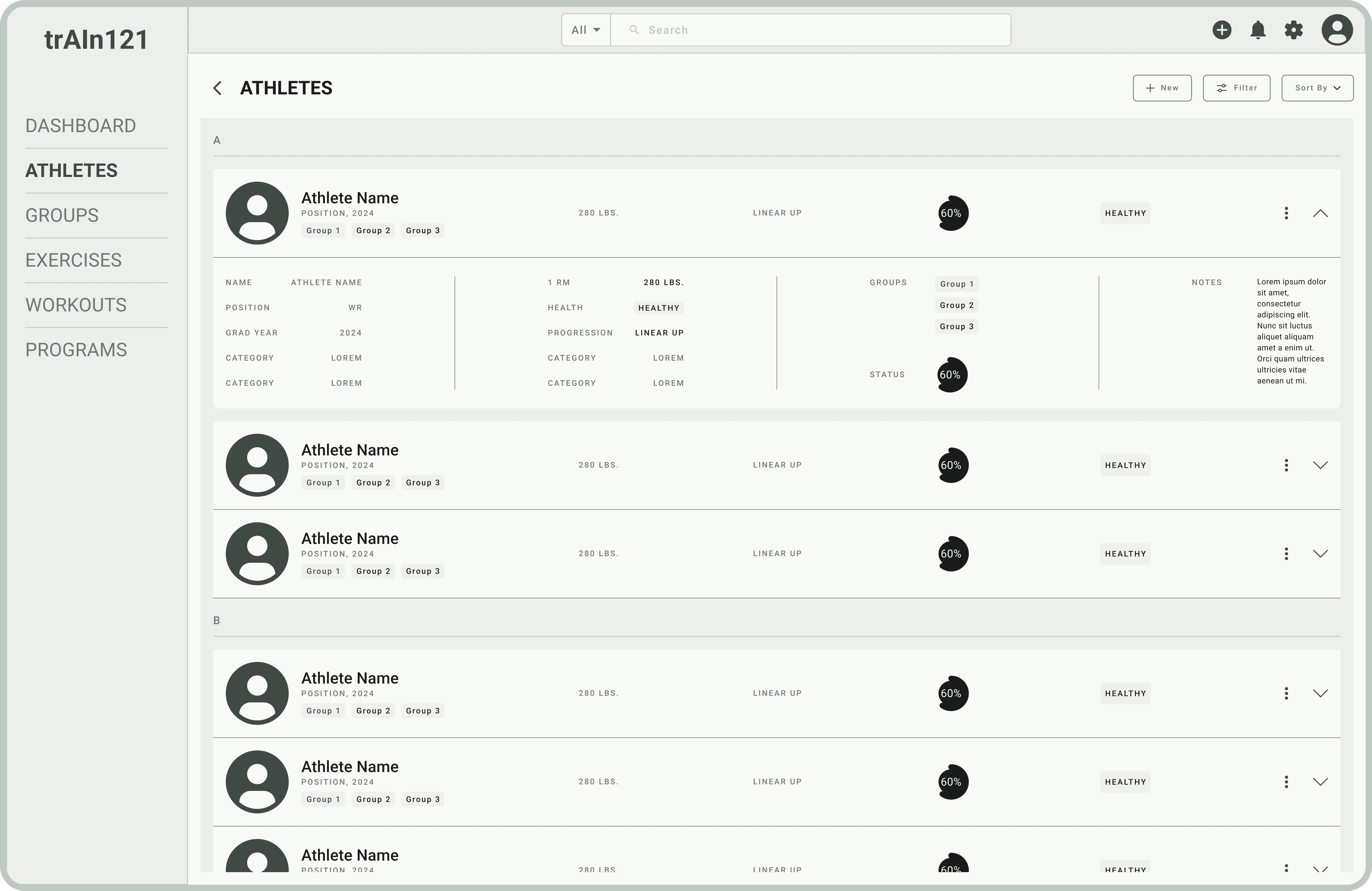 'Athletes' Page (Low-Fidelity)