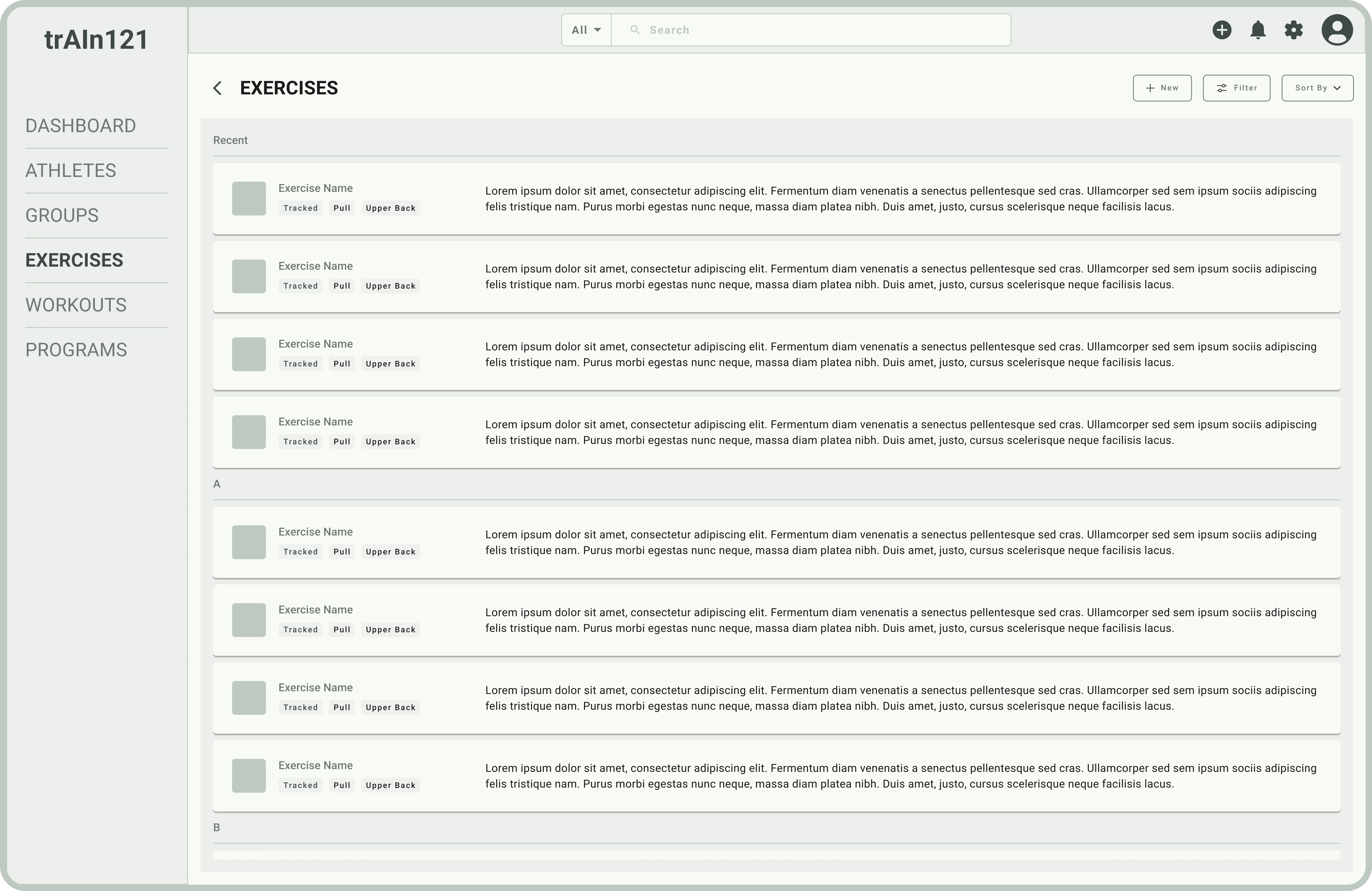 'Exercises' Page (Low-Fidelity)