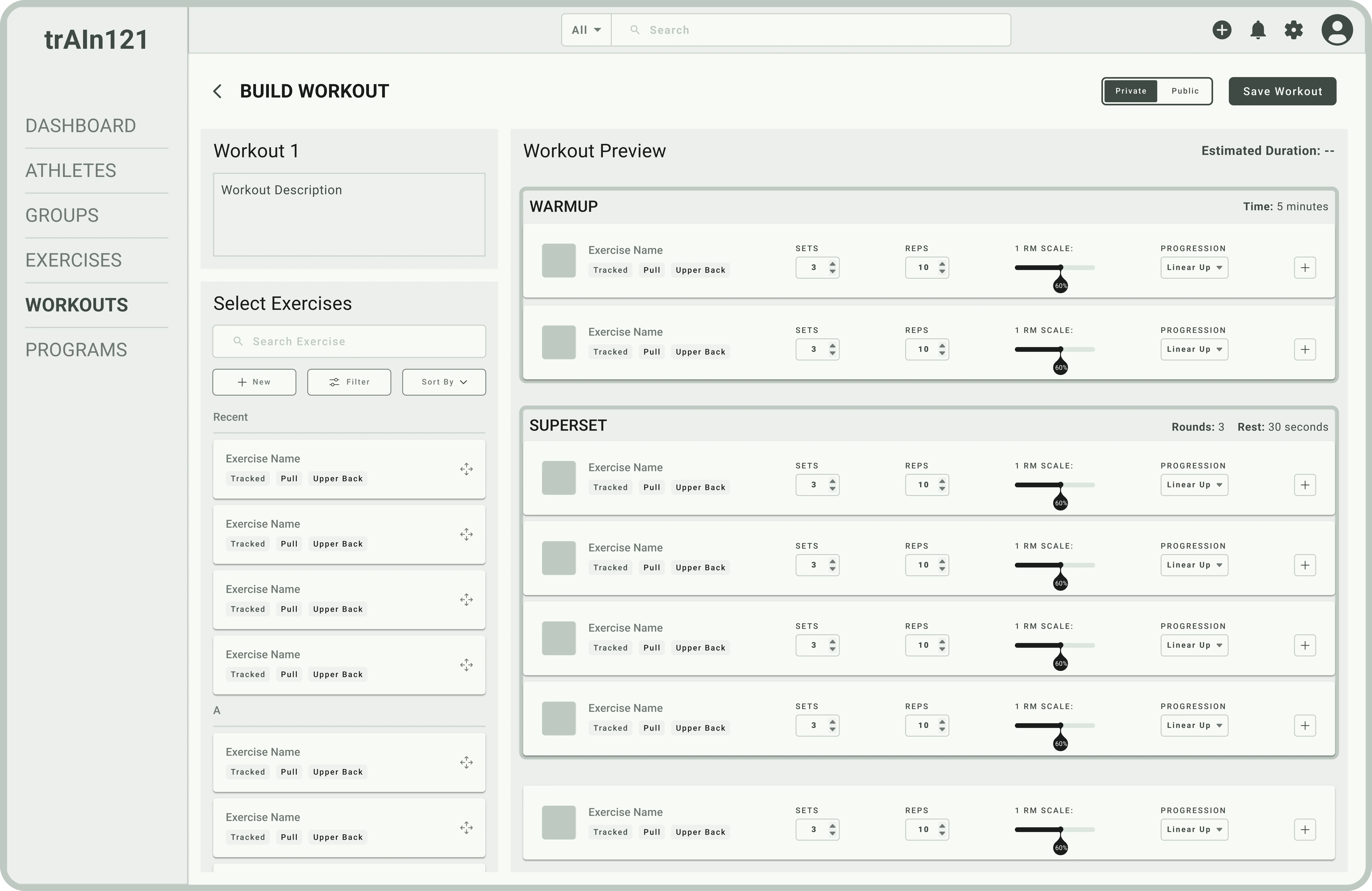 'Workouts' Page (Low-Fidelity)