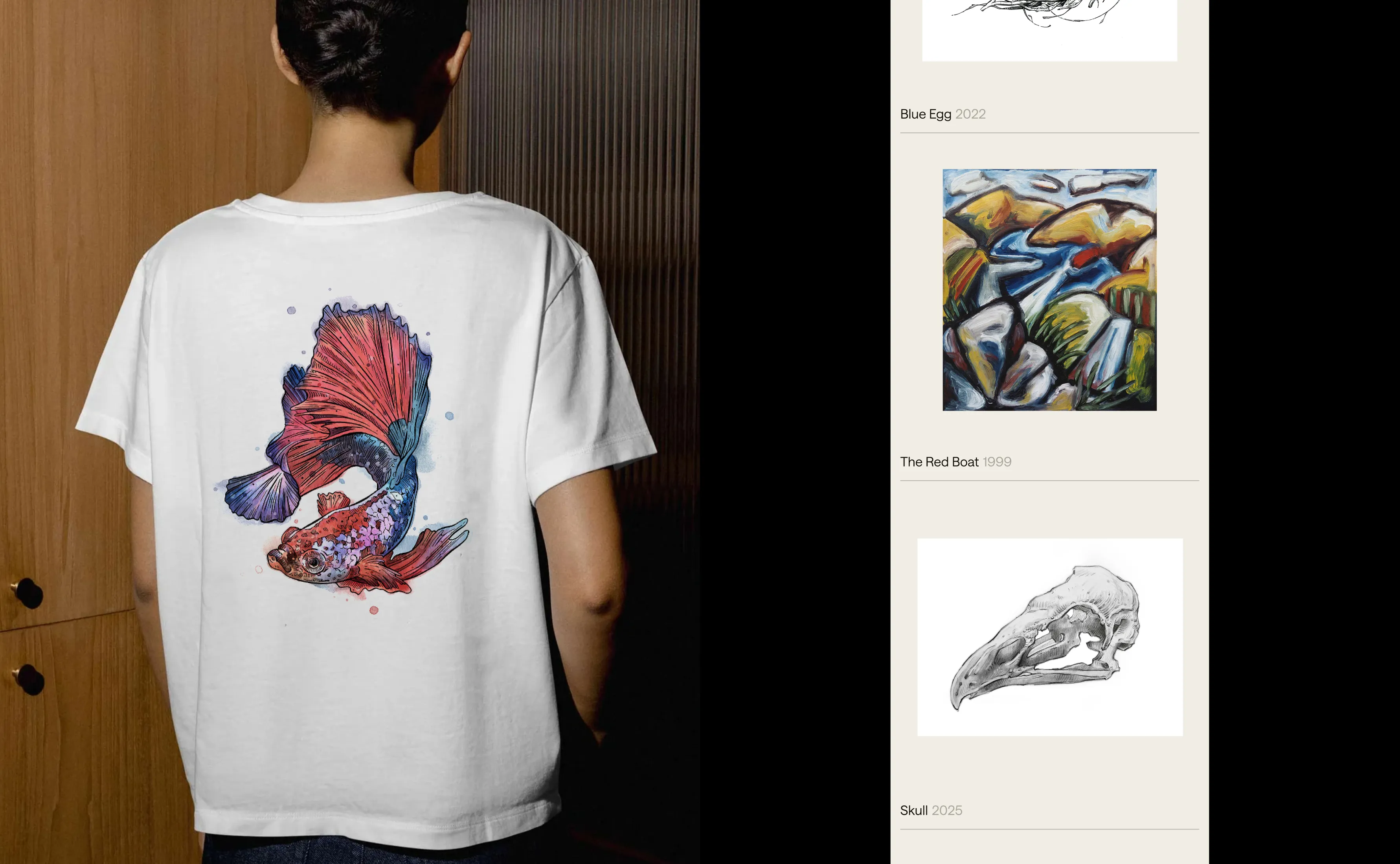 Mark Duggan - T-Shirt with fish printed on it. Other half archived artworks web page mobile